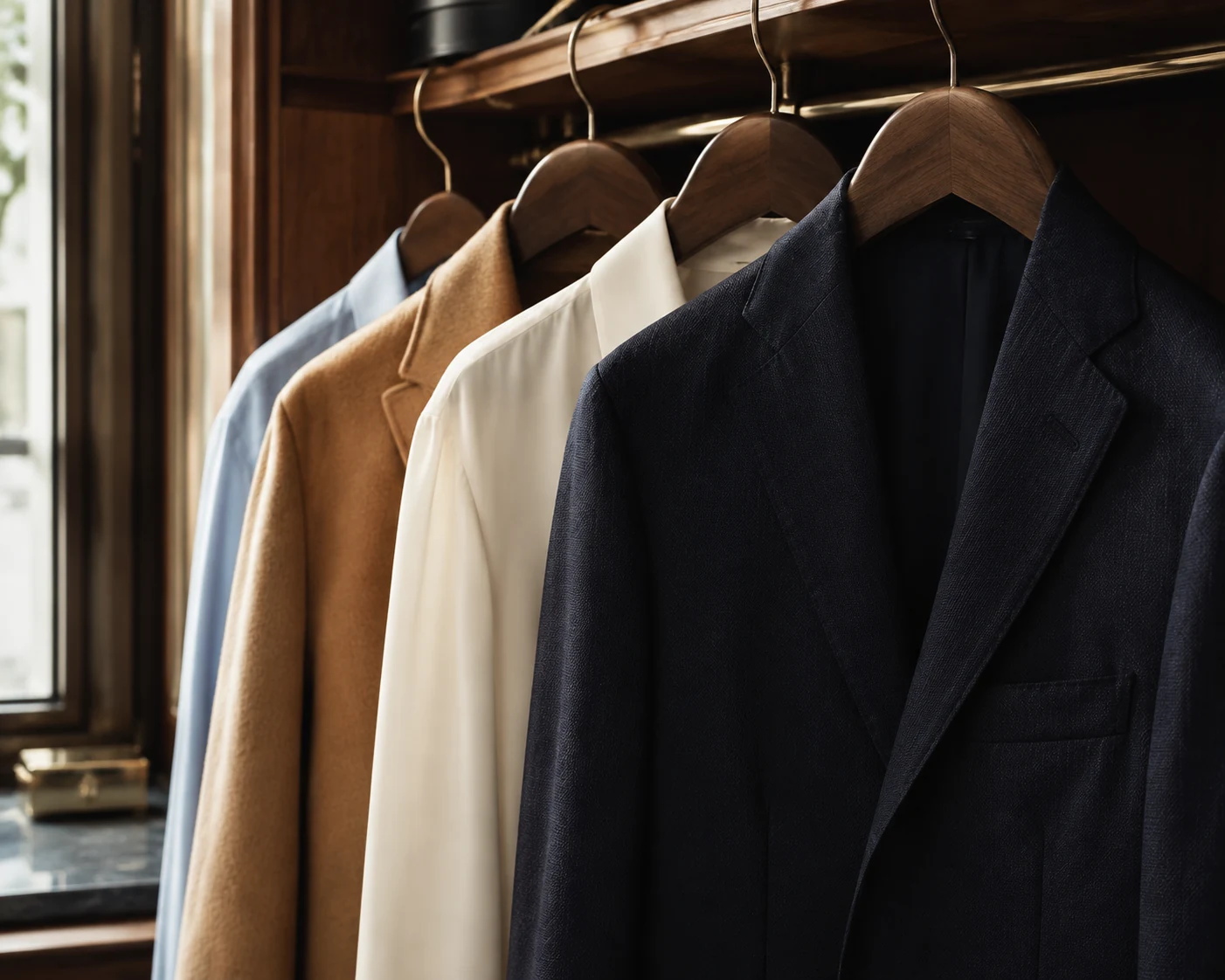 Navy tailoring, an ivory shirt and a camel coat neatly presented on wooden hangers.